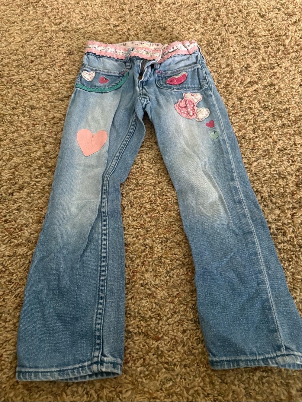 Girls' Light Blue Denim Jeans with Pink Heart Appliqués